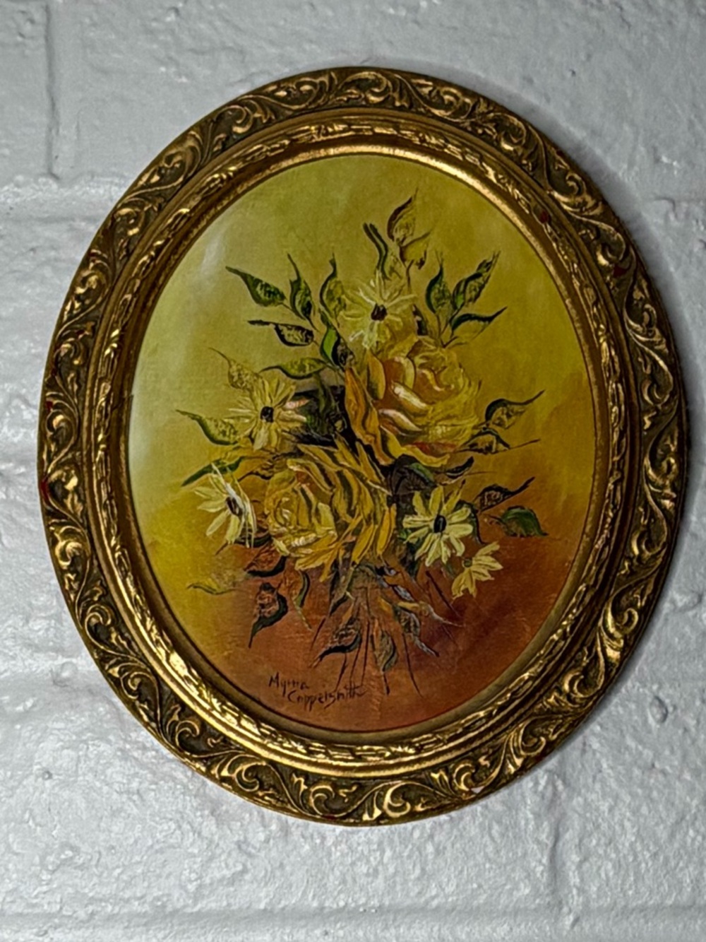 Vintage Original Art Floral Flower Painting in Ornate Gold Oval Wood Frame